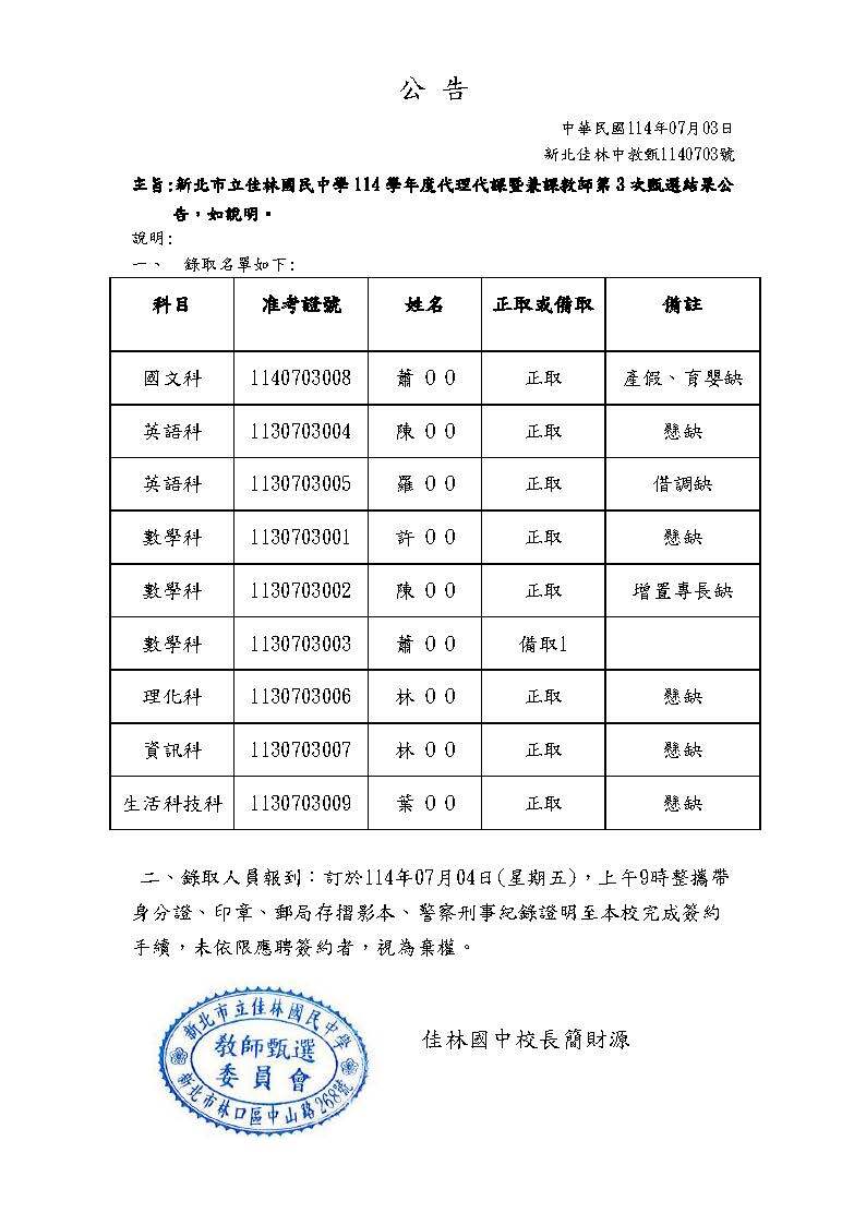 114學年度代理代課暨兼課教師第3次甄選結果公告圖片