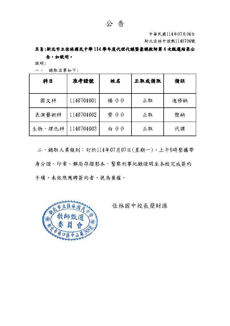 114學年度代理代課暨兼課教師第4次甄選結果公告圖片
