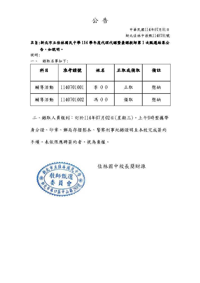 114學年度代理代課暨兼課教師第1次甄選結果公告圖片