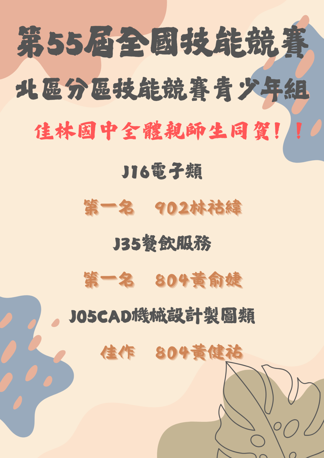 狂賀!!! 本校804黃健祐榮獲第55屆全國技能競賽北區分區技能競賽[青少年組]J05CAD機械設計製圖類佳作!圖片