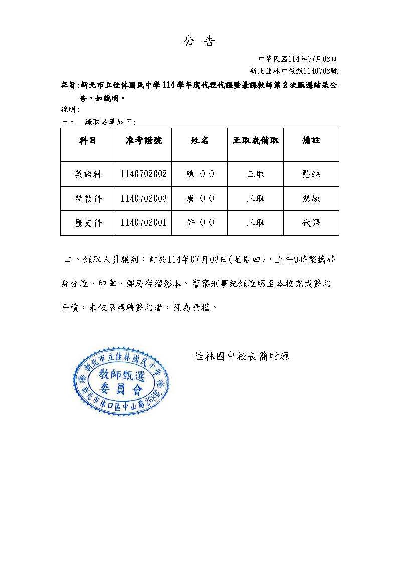 114學年度代理代課暨兼課教師第2次甄選結果公告圖片